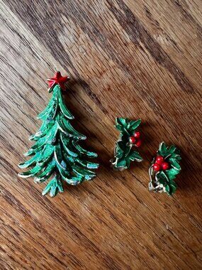 Vintage Christmas brooch pin and earrings